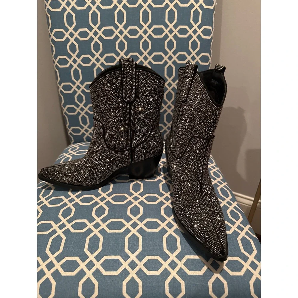 Rhinestone Cowboy Boots Pointed Toe Western Ankle Booties Party Sparkle Size 7 - Picture 2 of 6
